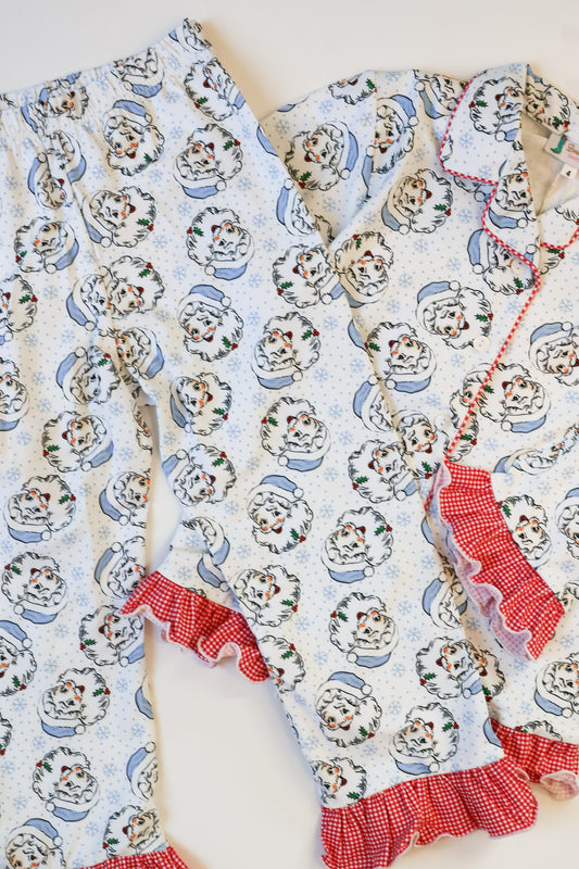 Vintage Blue Santa Button-Up Ruffle Pajamas