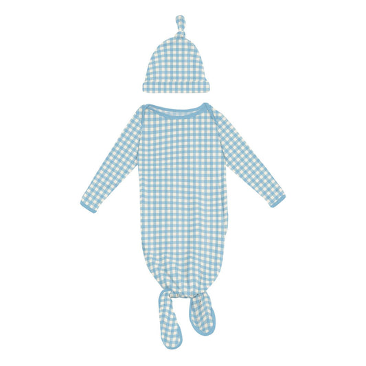 Seaside Blue Gingham Knotted Layette Gown & Hat Set