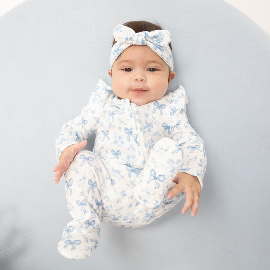 Blue Bows & Flowers Ruffle Sleeve Zipper Footie