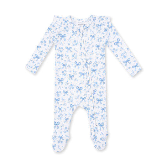 Blue Bows & Flowers Ruffle Sleeve Zipper Footie