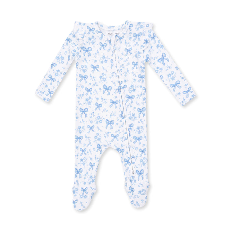 Blue Bows & Flowers Ruffle Sleeve Zipper Footie