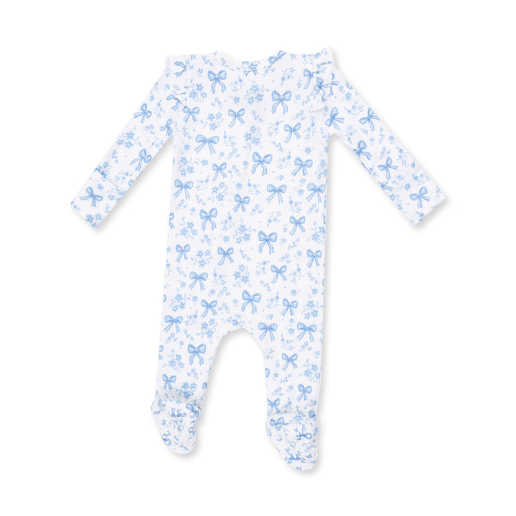 Blue Bows & Flowers Ruffle Sleeve Zipper Footie