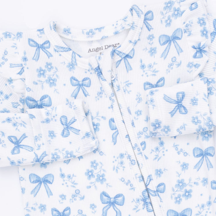 Blue Bows & Flowers Ruffle Sleeve Zipper Footie