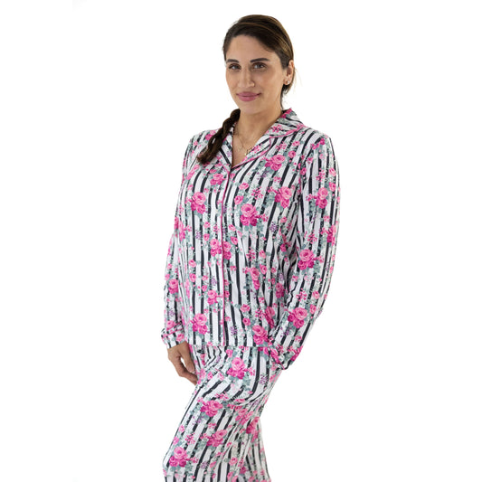 Cabbage Rose Stripe Adult LS Coat Style PJ Set