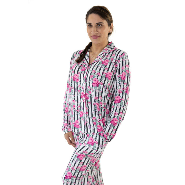 Cabbage Rose Stripe Adult LS Coat Style PJ Set