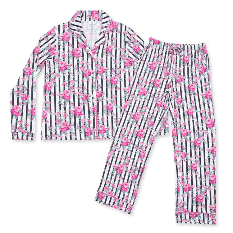 Cabbage Rose Stripe Adult LS Coat Style PJ Set