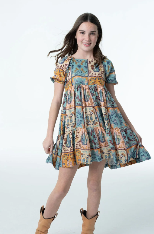 Painted Tiles Haven Western Print Girls Dress w/Cactus