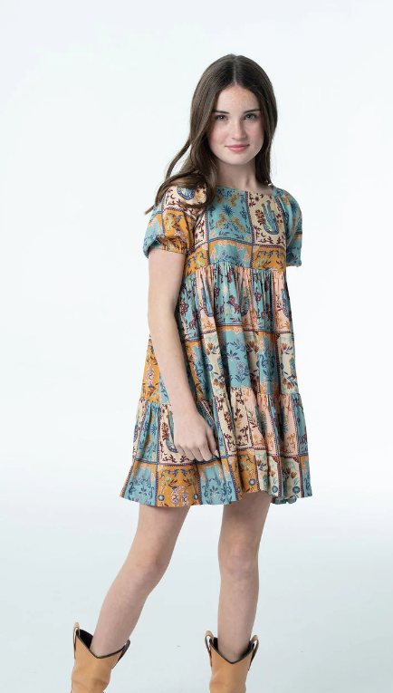 Painted Tiles Haven Western Print Girls Dress w/Cactus
