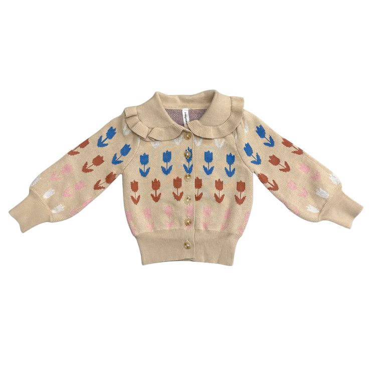 Beige Tulip Intarsia Floral Knit Cardigan