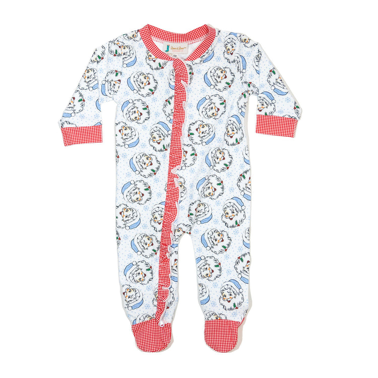 Vintage Blue Santa Ruffle Footie Pajamas