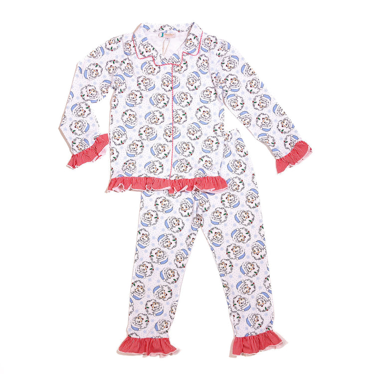 Vintage Blue Santa Button-Up Ruffle Pajamas