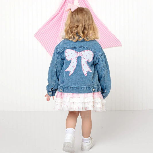 Pearl & Gemstone Floral Bow Patch Denim Jacket