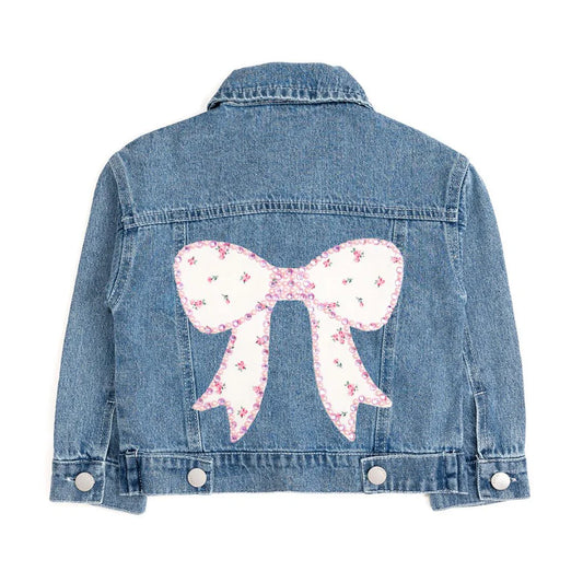 Pearl & Gemstone Floral Bow Patch Denim Jacket