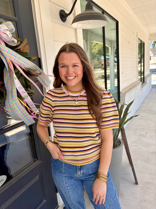 Simone Peachy Yellow Stripes Sweater Top