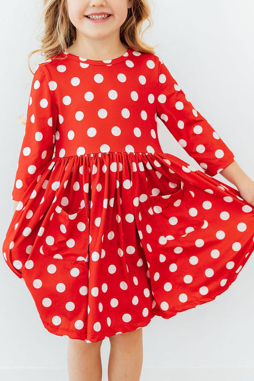 Red Polka Dots 3/4 Sleeve Twirl Dress