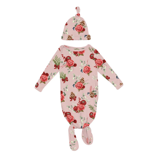 Baby Rose Holiday Floral Knotted Layette Gown & Hat Set