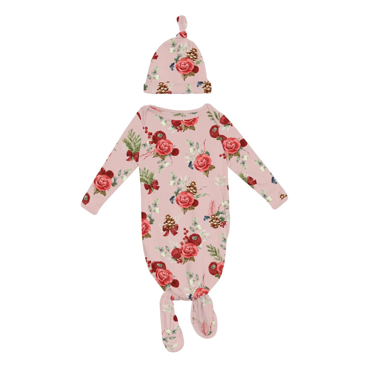 Baby Rose Holiday Floral Knotted Layette Gown & Hat Set