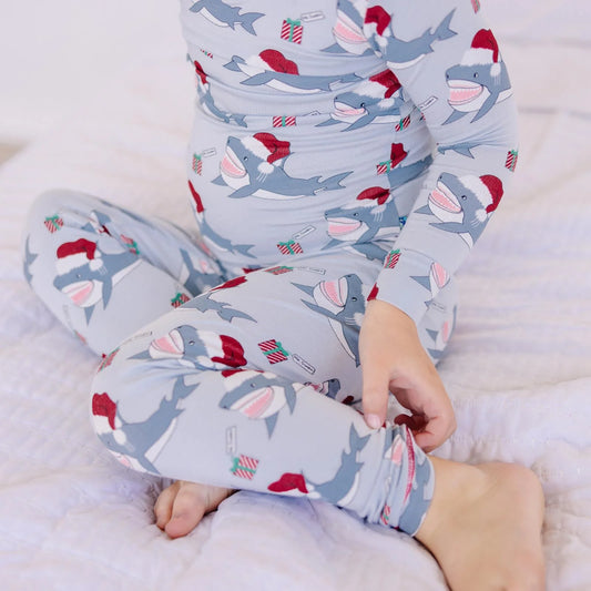 Illusion Blue Holiday Sharks LS PJ Set