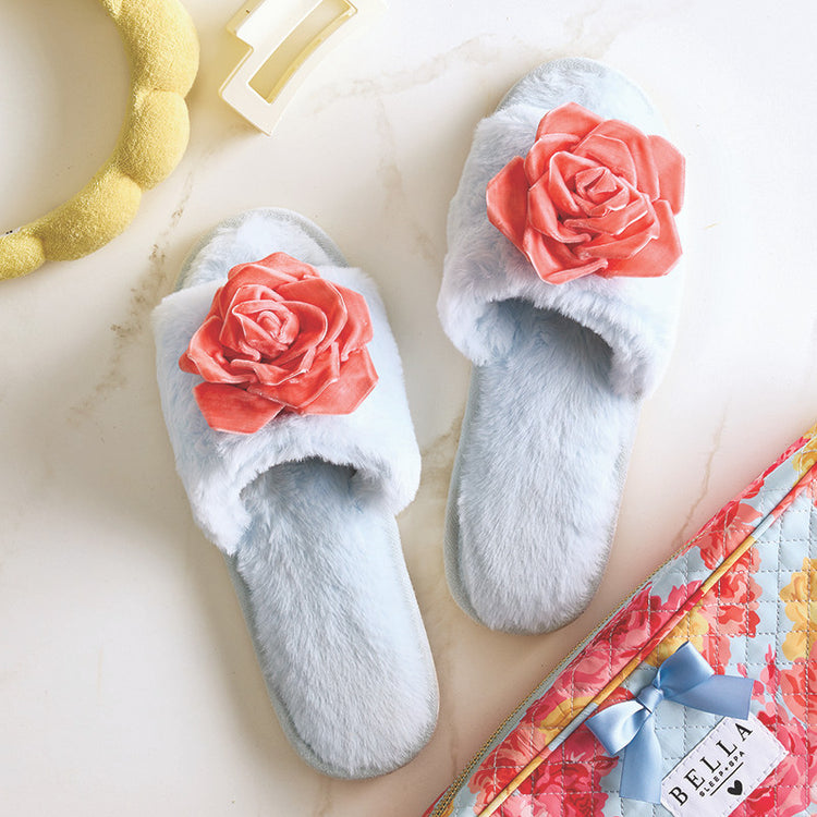 Plush Velvet Rosette Slippers-Blue+Coral