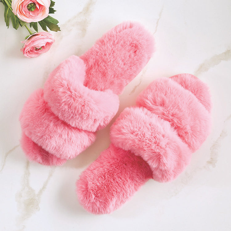 Plush Slippers Double Band Hot Pink