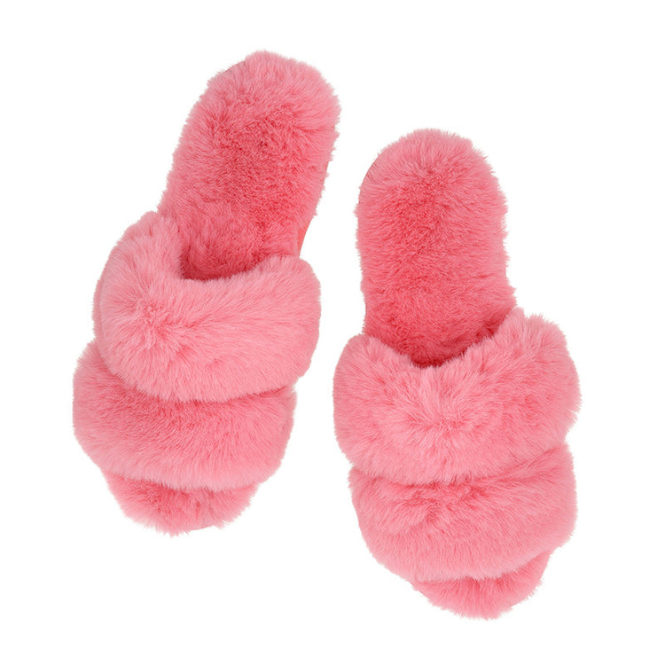 Plush Slippers Double Band Hot Pink