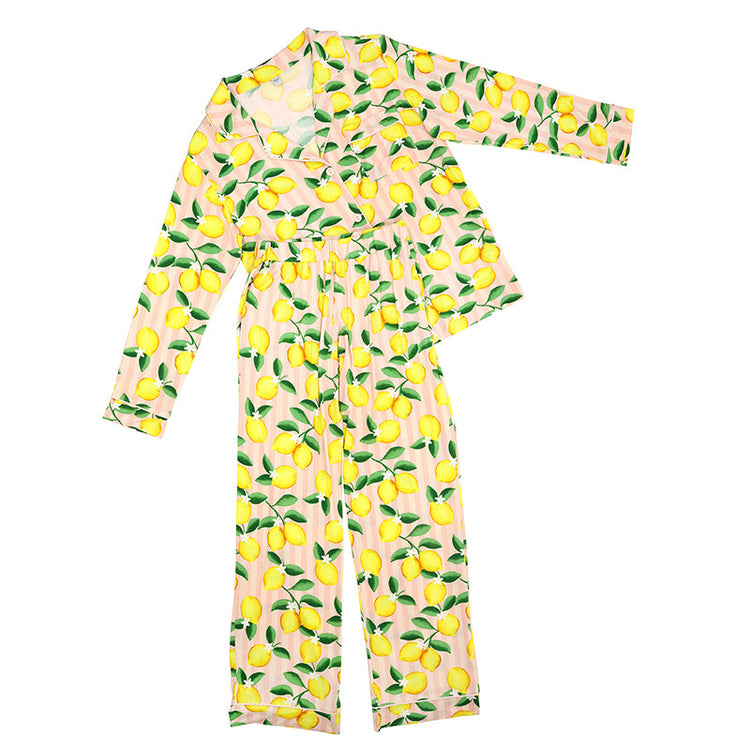 Full Length Bamboo Pink Stripes + Lemons PJ Set